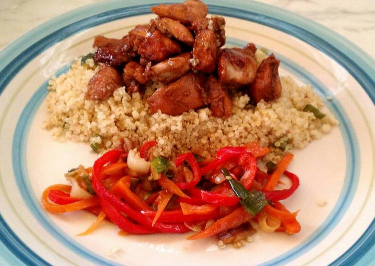 Quinoa con pollo a la soja y miel, más verduras salteadas