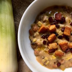 A picture of Leeks and borlotti soup.