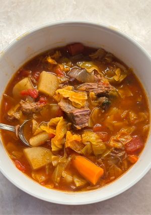 A picture of Beef Tomato Veggie Soup.