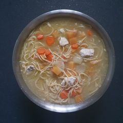 A picture of Chicken Vegetable Chicken Spaghetti Soup.