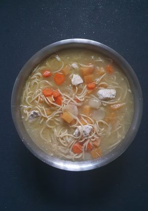 A picture of Chicken Vegetable Chicken Spaghetti Soup.