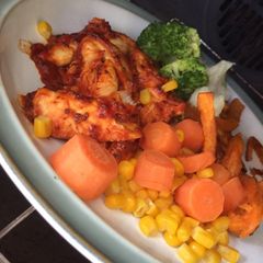 A picture of Tomato & Mustard Sticky Chicken with Sweet Potato Fries & Veg.