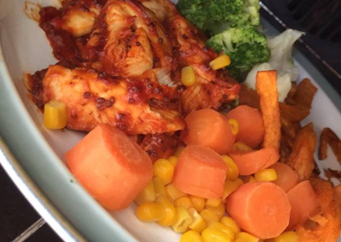 Tomato & Mustard Sticky Chicken with Sweet Potato Fries & Veg