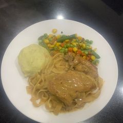 A picture of My best ever fettuccine pasta with chicken steak.