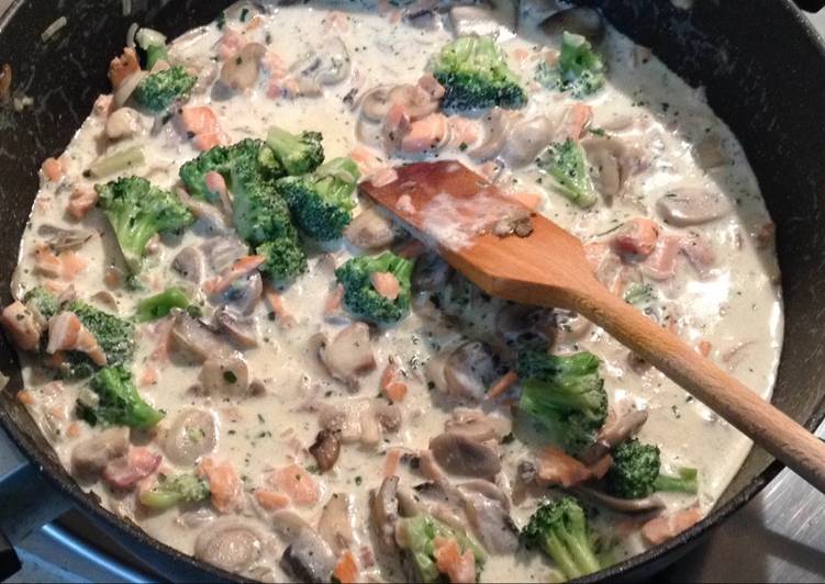 Recipe of Delicious Mushrooms,broccoli and smoked salmon pastas sauce