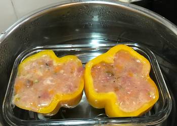 Unique Cuisine Steamed stuffed capsicum with fresh mushroom pumpkin asparagus potatoes fish pork and egg white Savory Delicious