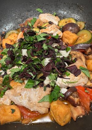 A picture of Eggplant Stew with Catfish.
