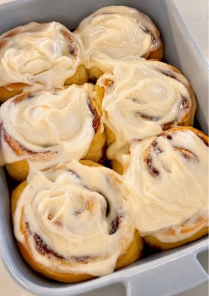 A picture of Milk Bread Cinnamon Rolls with Cream Cheese Frosting.