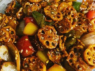 Honey chilli lotus stem