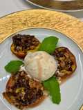 Baked Peaches with Amaretti, Dark Chocolate, Ice Cream and Mint