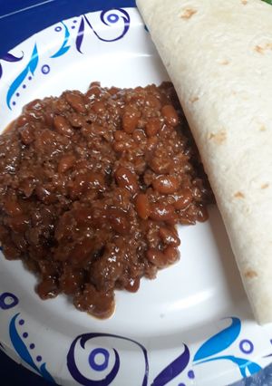 A picture of Skye's Burger with Beans.