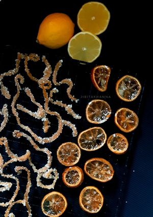 A picture of Candied Lemon Peels and Candied Lemon Slices.