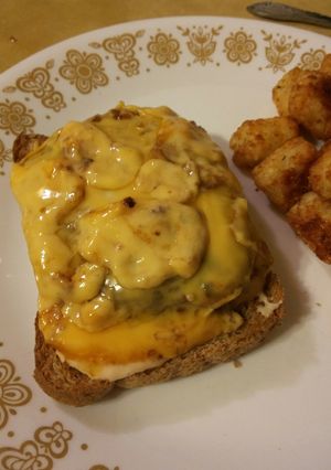 A picture of Open Face Patty Melts with Horseradish Sauce.