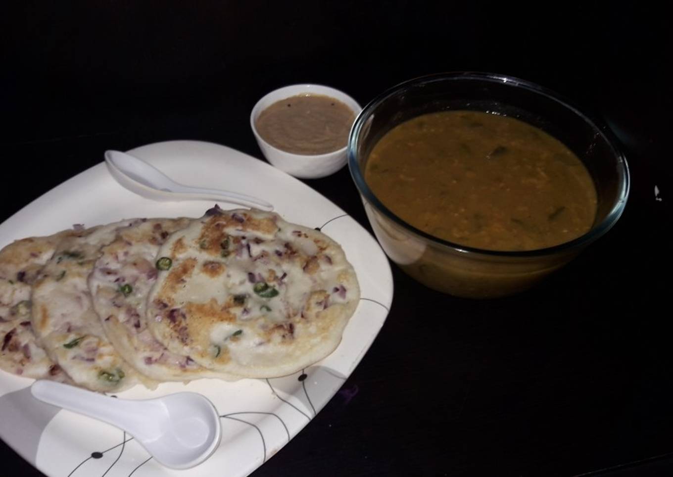 Onion Uthappam with sambar or chana dal peanut chutney