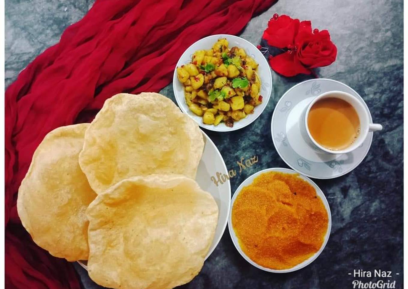 Aloo ki sukhi sabji (Dry Masala Aloo) With Halwa Poori