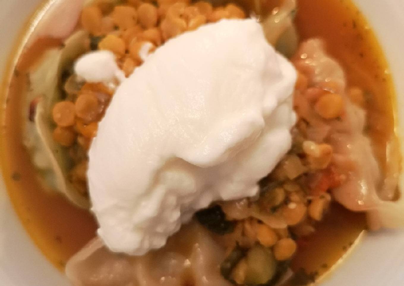 Yellow lentil stew with gyozas