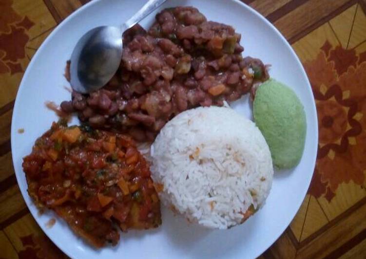 Simple,rice,fish fillet,beans and avocado