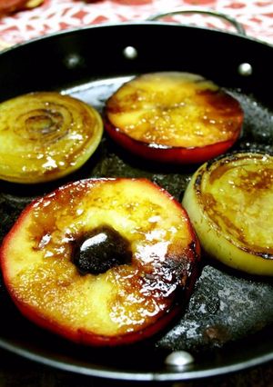 A picture of Apple and Onion Steaks with Wasabi Soy Sauce.