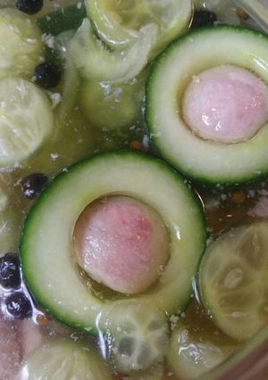 A picture of Pickled Cucumber stuffed with Spam.