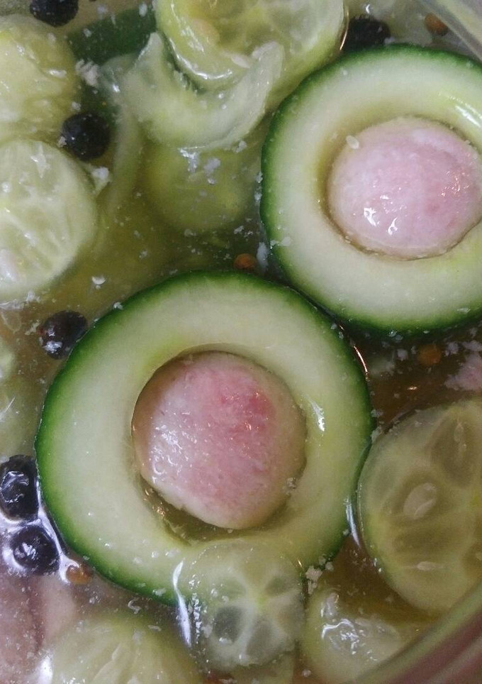 A picture of Pickled Cucumber stuffed with Spam.