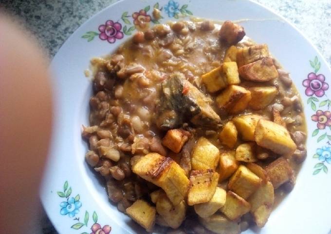 Beans porridge, fried plantain and fish