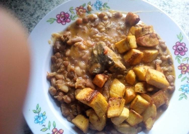 Beans porridge, fried plantain and fish