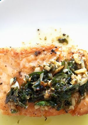 A picture of Salmon with Garlic Butter and Capers.