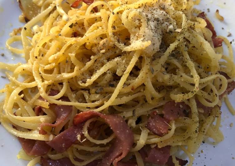 Bagaimana Menyiapkan Smoke beef oglio olio fettuccine, Enak Banget
