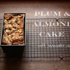 A picture of Plum & almond cake with rosewater icing.