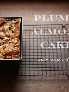 A picture of Plum & almond cake with rosewater icing.