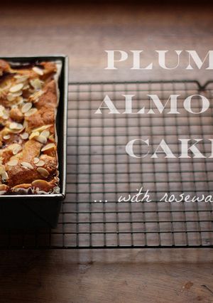 A picture of Plum & almond cake with rosewater icing.