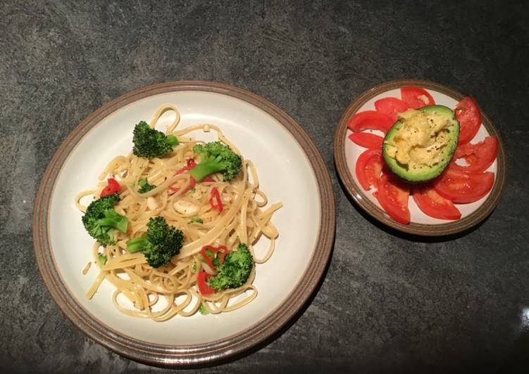 Simple Way to Make Perfect Garlic and red chilli linguini and avocado starter