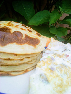 A picture of Pancakes and eggs.