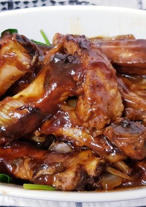 A picture of My Pork Loin Ribs cooked in Sweet Baby Rays BBQ Sauce.