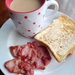 Coffee toast and bacon A picture of Coffee toast and bacon.