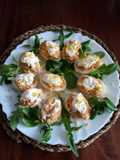 Deviled Eggs with Tuna, Imitation Crab, and Seasoned Olives