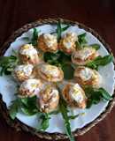 Deviled Eggs with Tuna, Imitation Crab, and Seasoned Olives
