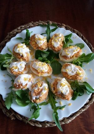 A picture of Deviled Eggs with Tuna, Imitation Crab, and Seasoned Olives.