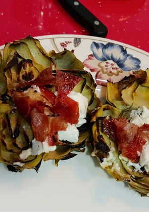 A picture of Goat Cheese and Ham Stuffed Artichokes.