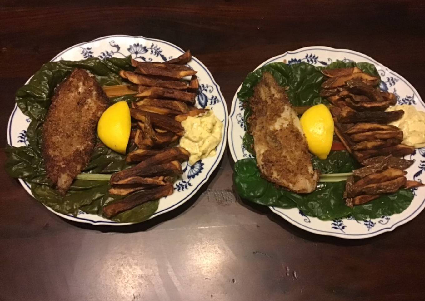 California Farm Petrale Sole, french fries on steamed fresh chard