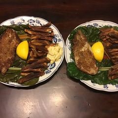 California Farm Petrale Sole, french fries on steamed fresh chard A picture of California Farm Petrale Sole, french fries on steamed fresh chard.