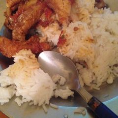 A picture of Wet fried chicken with white rice.