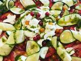 Beef tomato, mozzarella, pesto and curly courgette salad
