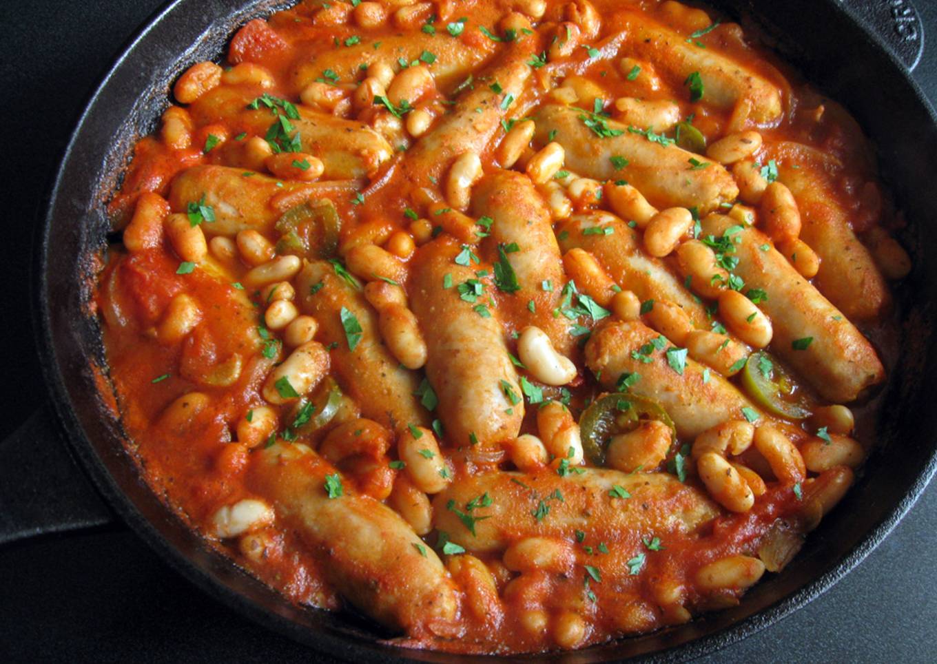 Chipolatas & Cannellini Beans in Mexican Tomato Sauce