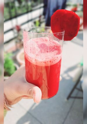 A picture of Fresh juice of carrot beetroot and gooseberry.