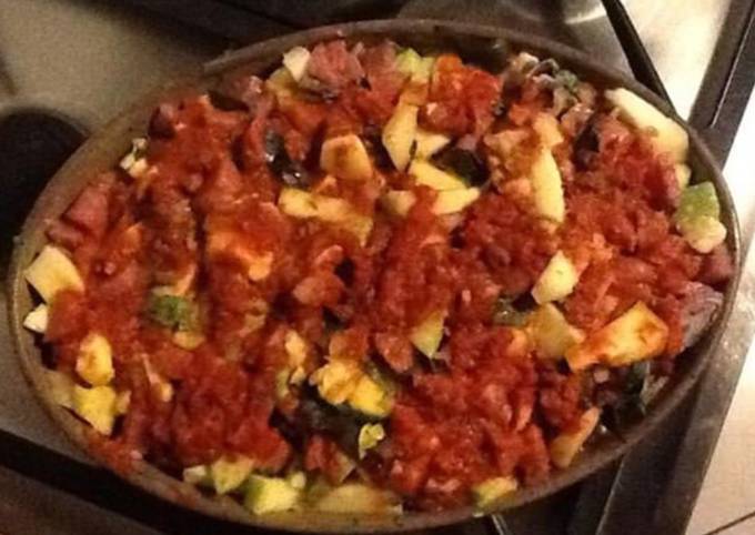 Gratin de courgettes tomates et porc mariné