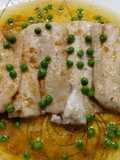 Poached pollock with brown butter and peas