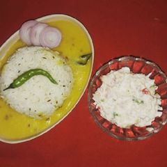 Dal Fry and Jeera Rice with mayonnaise salad A picture of Dal Fry and Jeera Rice with mayonnaise salad.