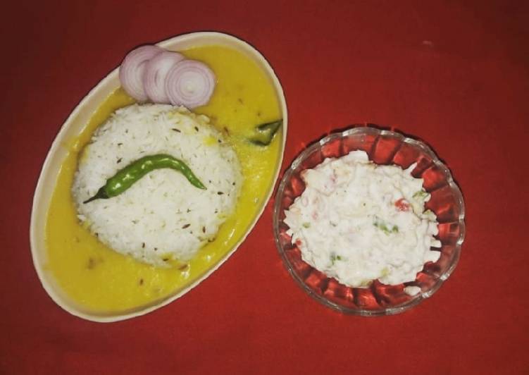 Dal Fry and Jeera Rice with mayonnaise salad