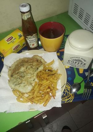 A picture of Fried potatoes and fried egg#0812kano.